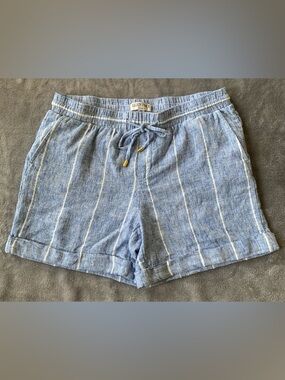 Ellen Tracy Light Blue Striped Linen-Blend Drawstring Shorts